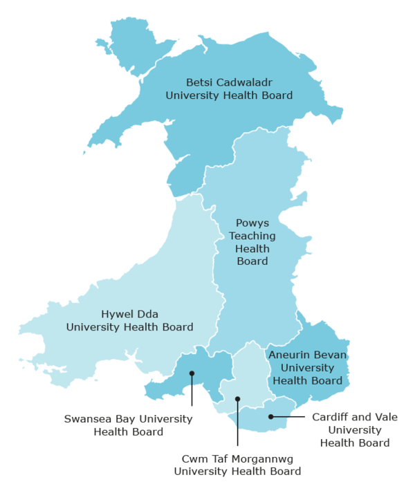 Blue Map of Welsh Health Boards
