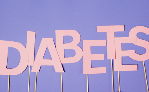 Diabetes logo in pink with a purple background