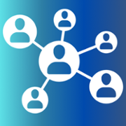 Networking outline in white with a multicoloured blue background