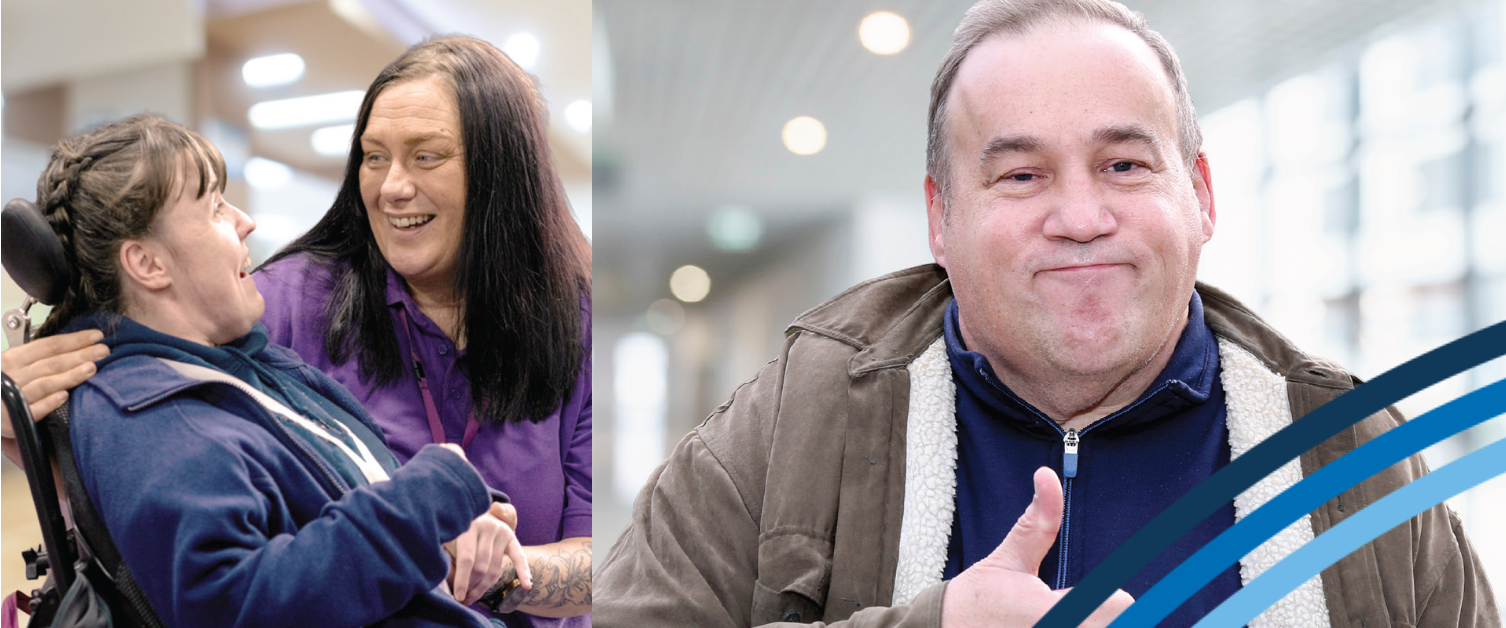 A woman and a carer are smiling on the left. A man is giving a thumb