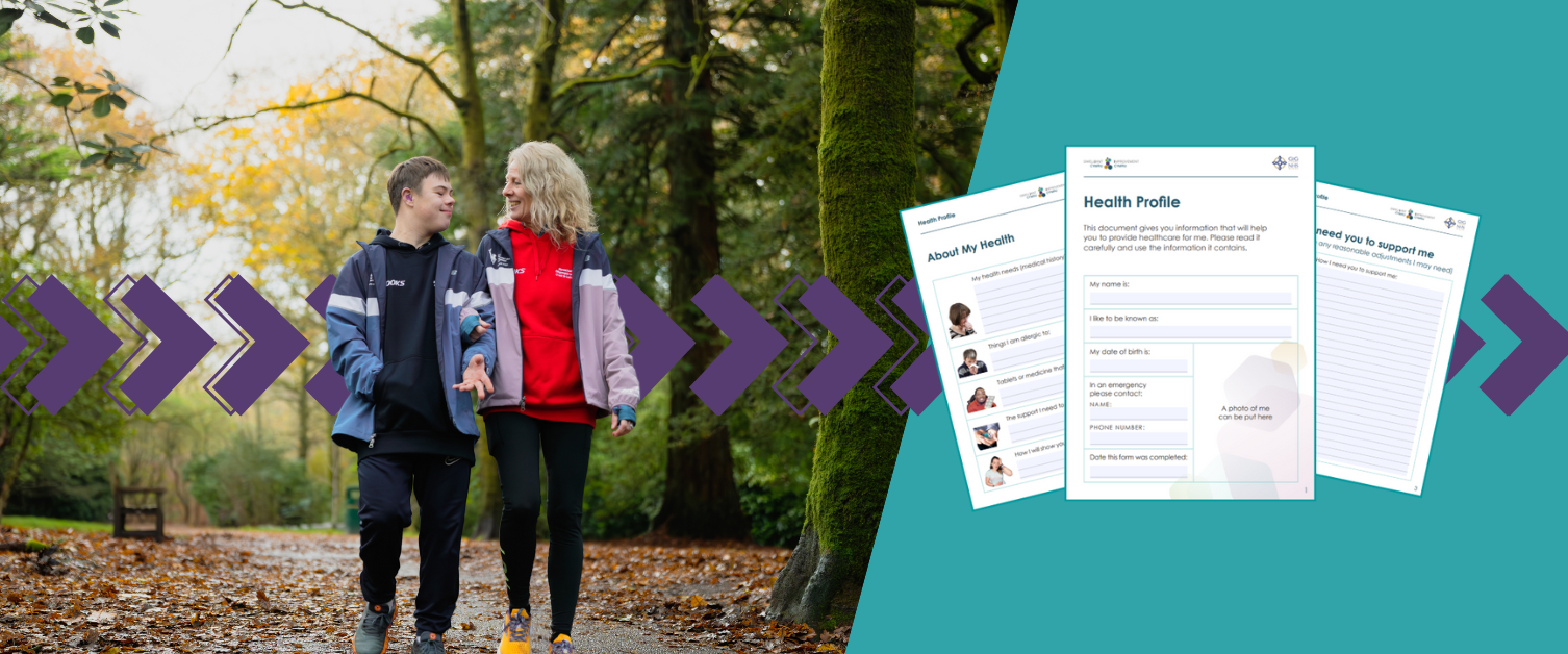 Lloyd Martin and his Mum Ceri Hooper are walking through the park. Purple arrows are behind him. A Health Profile is placed on the right side of the graphic.