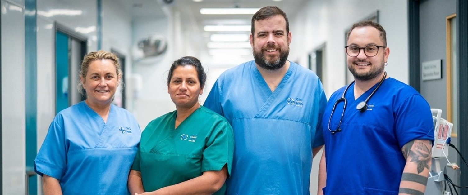 A group of clinicians are standing side by side in a hospital corridor.