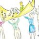 A cartoon shows four people lifting up a large piece of paper and another person is sat on top of it.