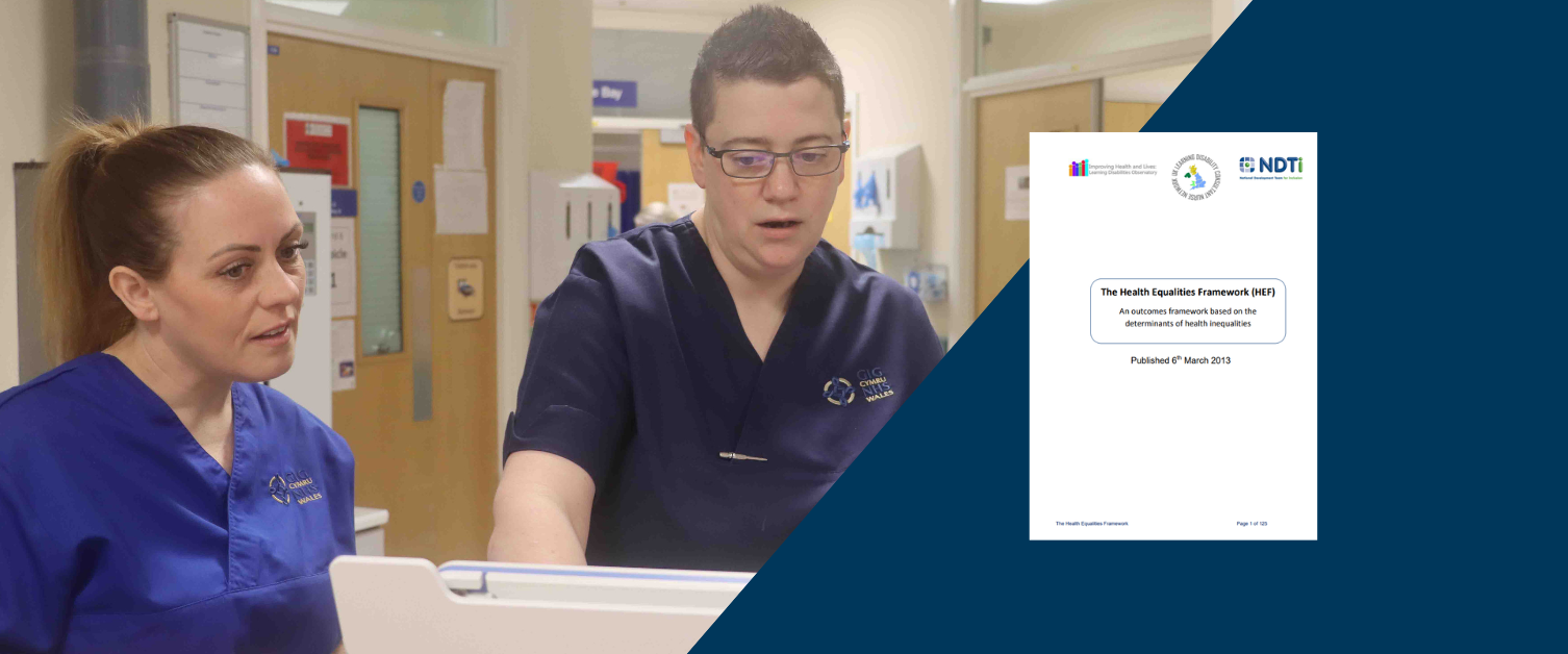 On the right, two clinicians are looking at a computer screen. On the right, there is the front page of a HEF+ document.