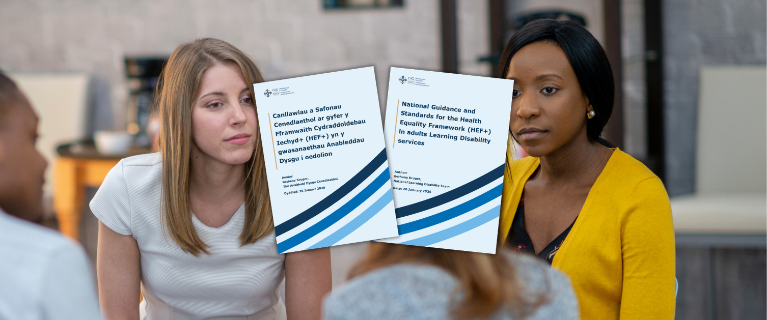 Two support workers are facing a service user. A report is placed in front of the image.