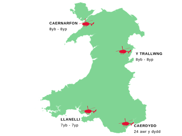 Llun o Gymru map gyda sylfaen ac amseroedd gweithredu