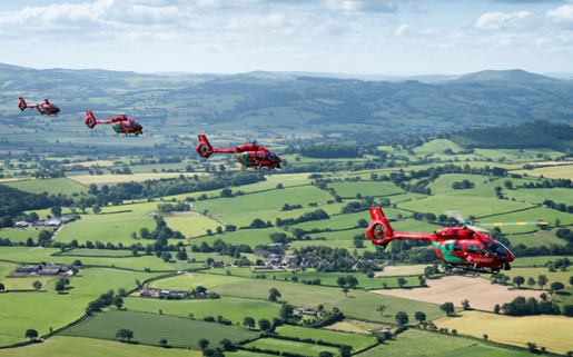 A picture of four Wales Air Ambulance helicopters